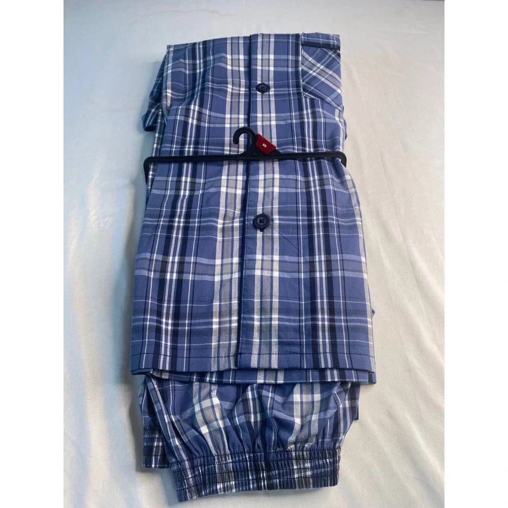 Hanes Mens Pajama Set Blue White Plaid Sleepwear 2 Piece Cotton Blend Size Small